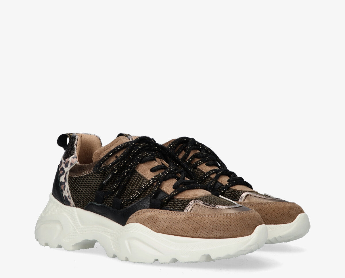 Alicia 2-f sportief zwart/taupe veter sneaker - witte zool