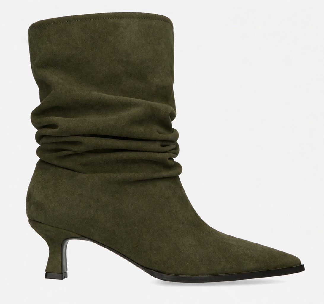 May 1-g khaki green suede wrikle boot heel