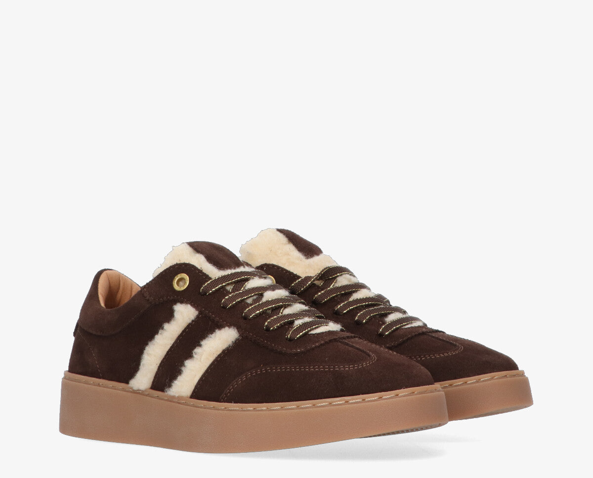Nynke 1-au dark brown suede/shearling sneaker - gum sole
