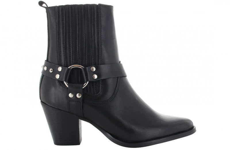 Ella western 8-a black shiny leather/silver western ring with studs straps- black wooden h - Tango Shoes