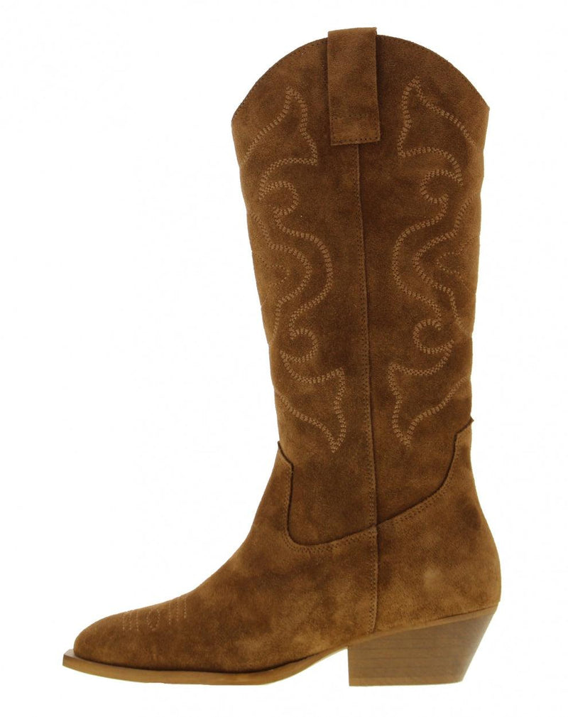 Nina oblique 7-c high cognac suede western boot - middle wood heel/sole - Tango Shoes