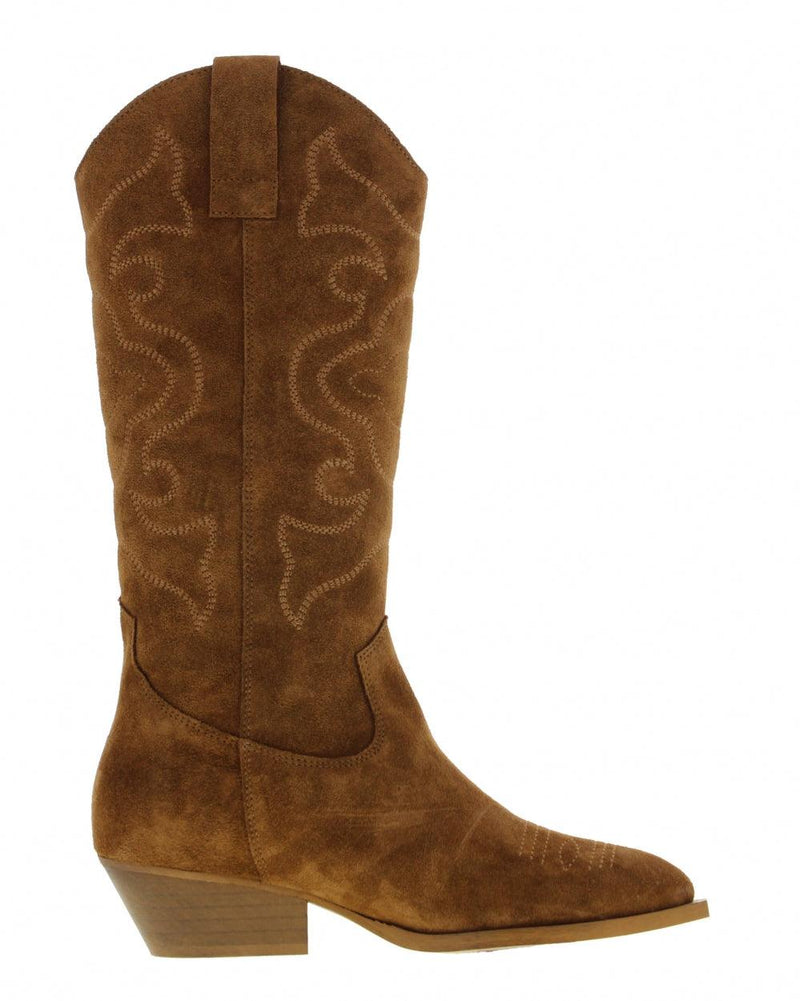 Nina oblique 7-c high cognac suede western boot - middle wood heel/sole - Tango Shoes